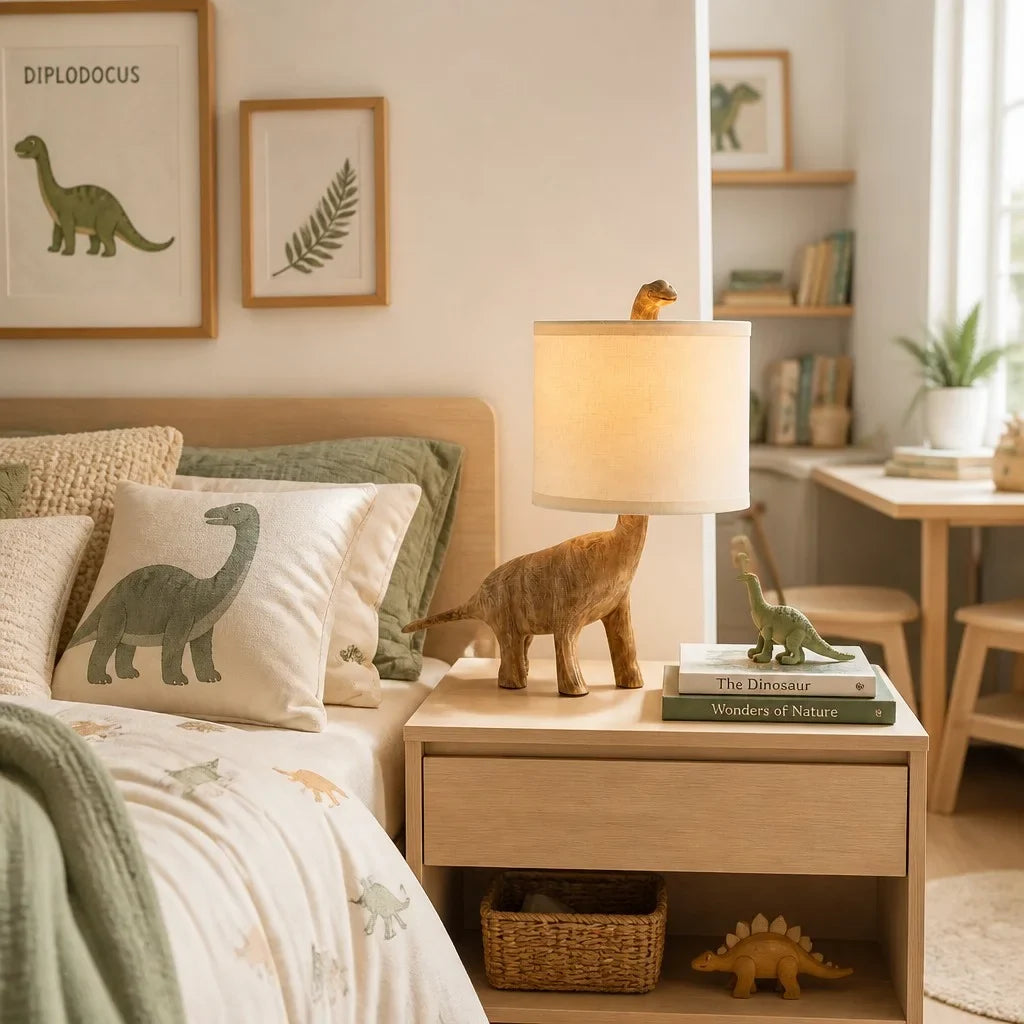 Lámpara de mesa dinosaurio de madera Dinora en un dormitorio infantil – imagen 4