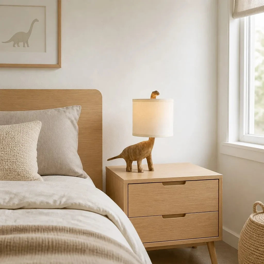 Lámpara de mesa dinosaurio de madera Dinora en un dormitorio infantil – imagen 8