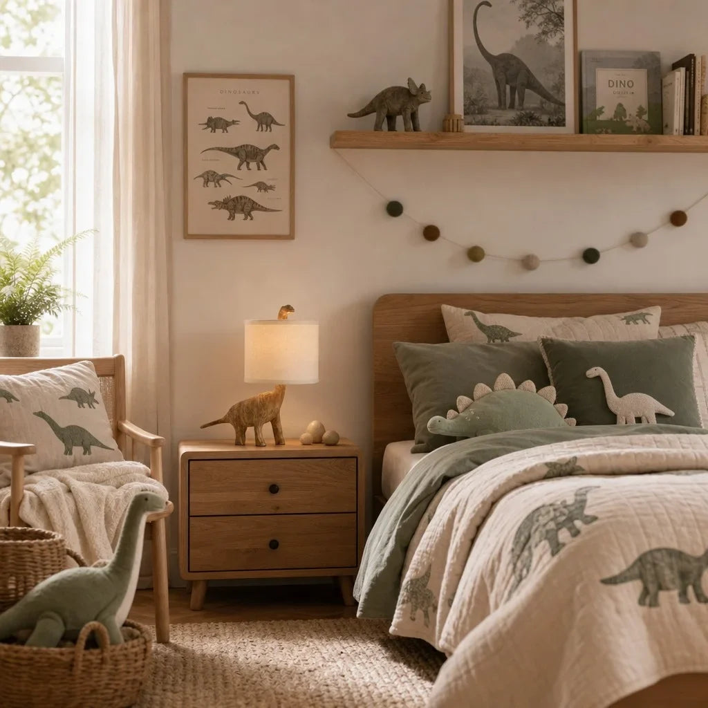 Lámpara de mesa dinosaurio de madera Dinora en un dormitorio infantil – imagen 6