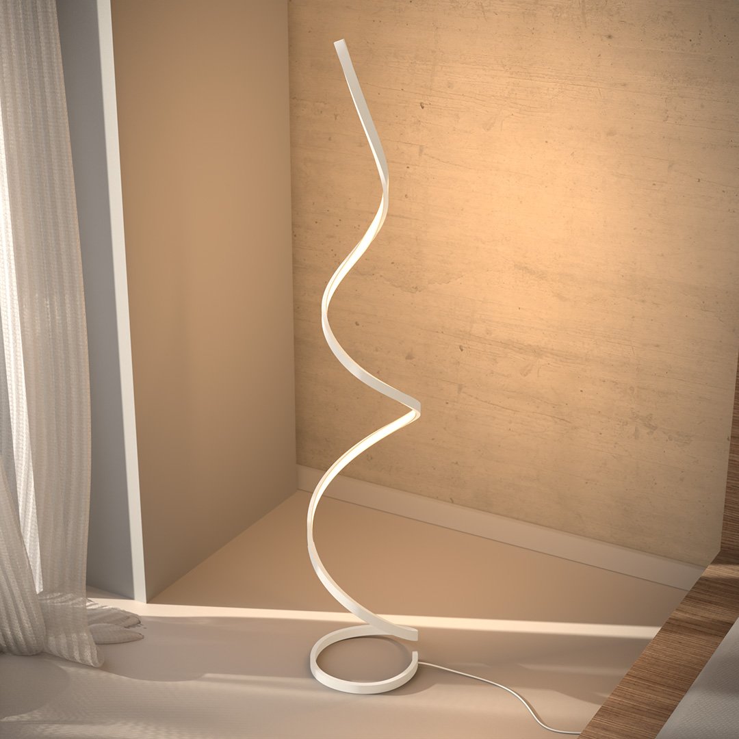 Lámpara de pie LED en espiral Rizela en un dormitorio sereno – imagen 12