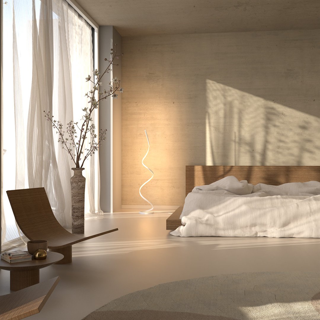 Lámpara de pie LED en espiral Rizela en un dormitorio sereno – imagen 14