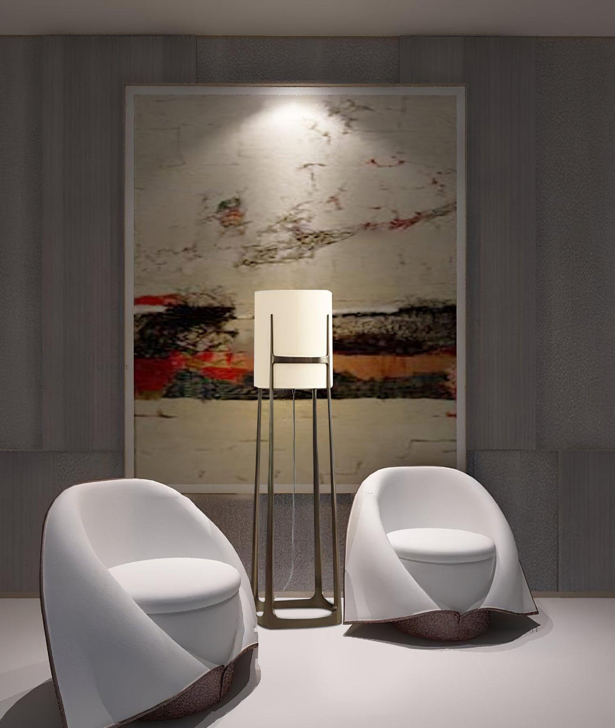Lámpara de pie con pantalla de tela blanca y marco de bronce Elbora junto a un sofá en el salón – imagen 16