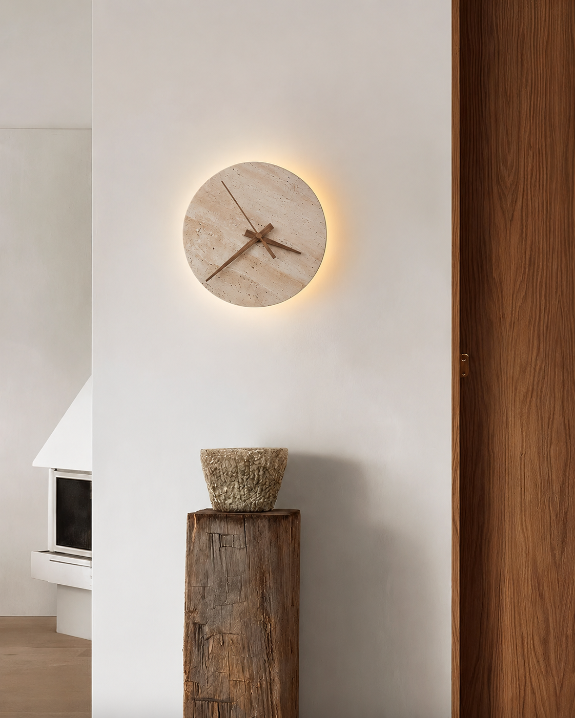 Ylven - Lámpara de Pared con Reloj de Travertino Beige y Luz LED Integrada – Aplique Pared Minimalista para Baño y Espacios Exteriores