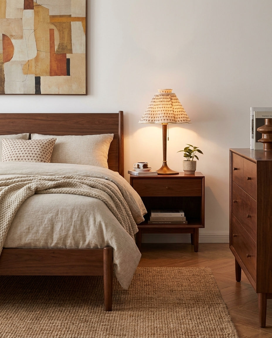 Lámpara de mesa plisada Tulipela – en la mesita de un dormitorio