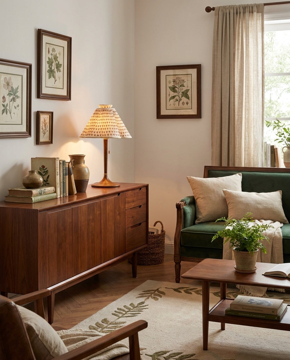 Lámpara de mesa plisada Tulipela – en un salón de estilo clásico