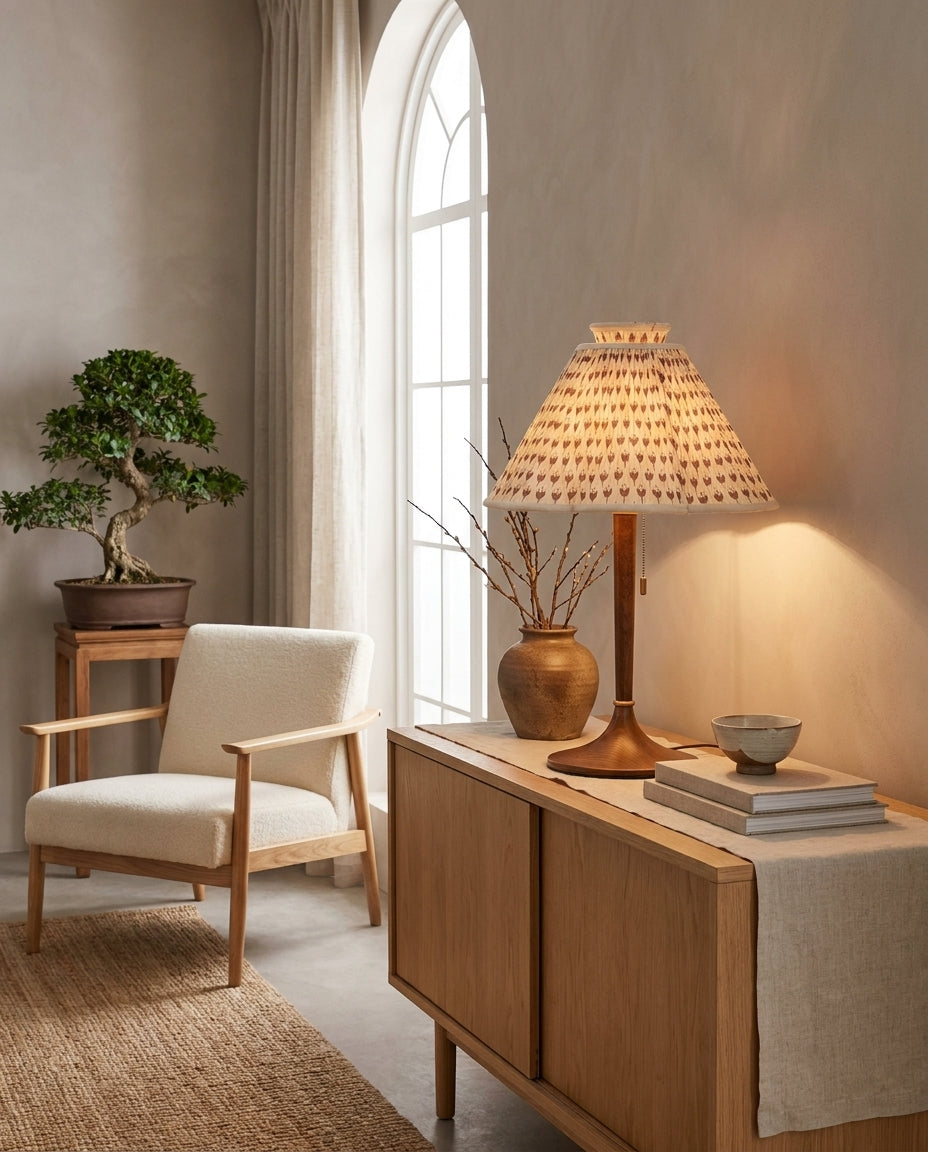 Lámpara de mesa plisada Tulipela – sobre un aparador junto a la ventana