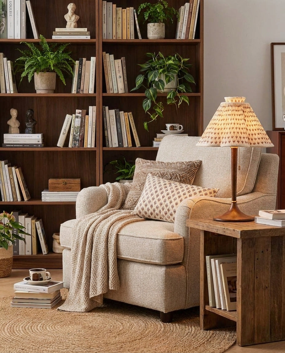 Lámpara de mesa plisada Tulipela – junto a un sillón de lectura