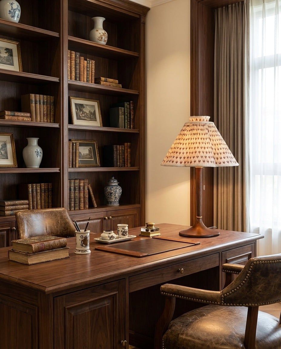 Lámpara de mesa plisada Tulipela – en un despacho con librería