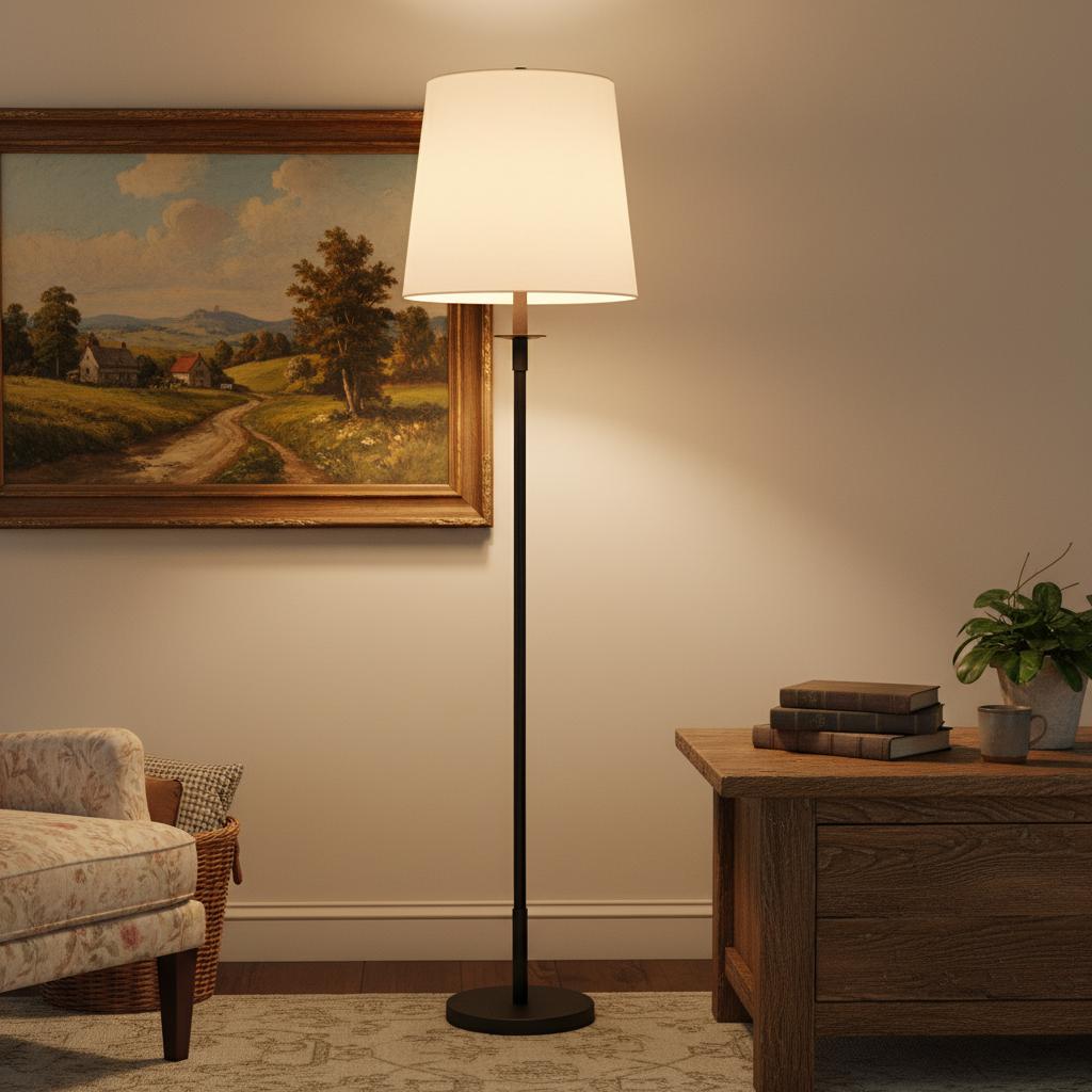 Lámpara de pie clásica con pantalla de lino Ilvira – en negro junto a un mueble de madera