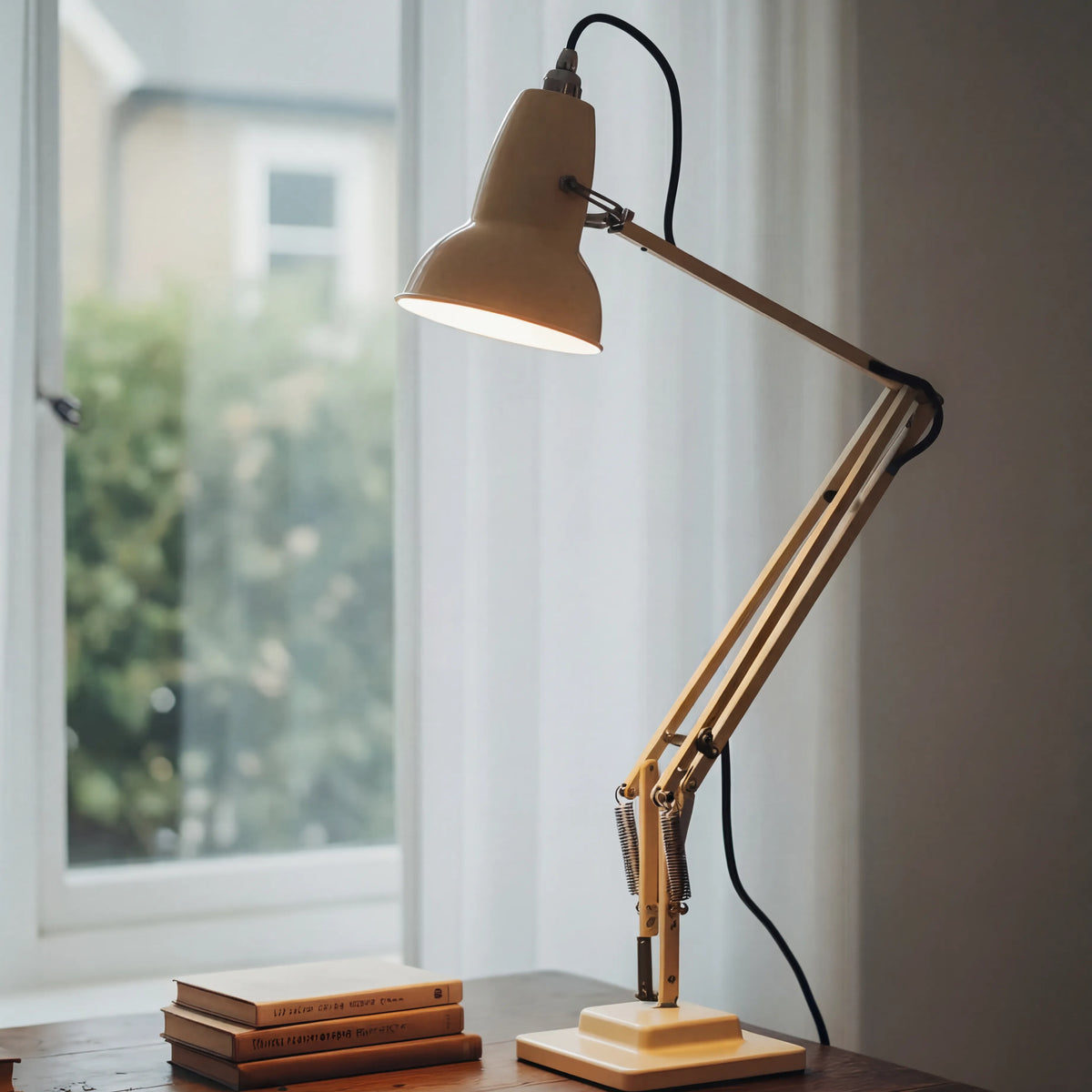 Lámpara de escritorio industrial Quinela sobre un escritorio de madera – imagen 7