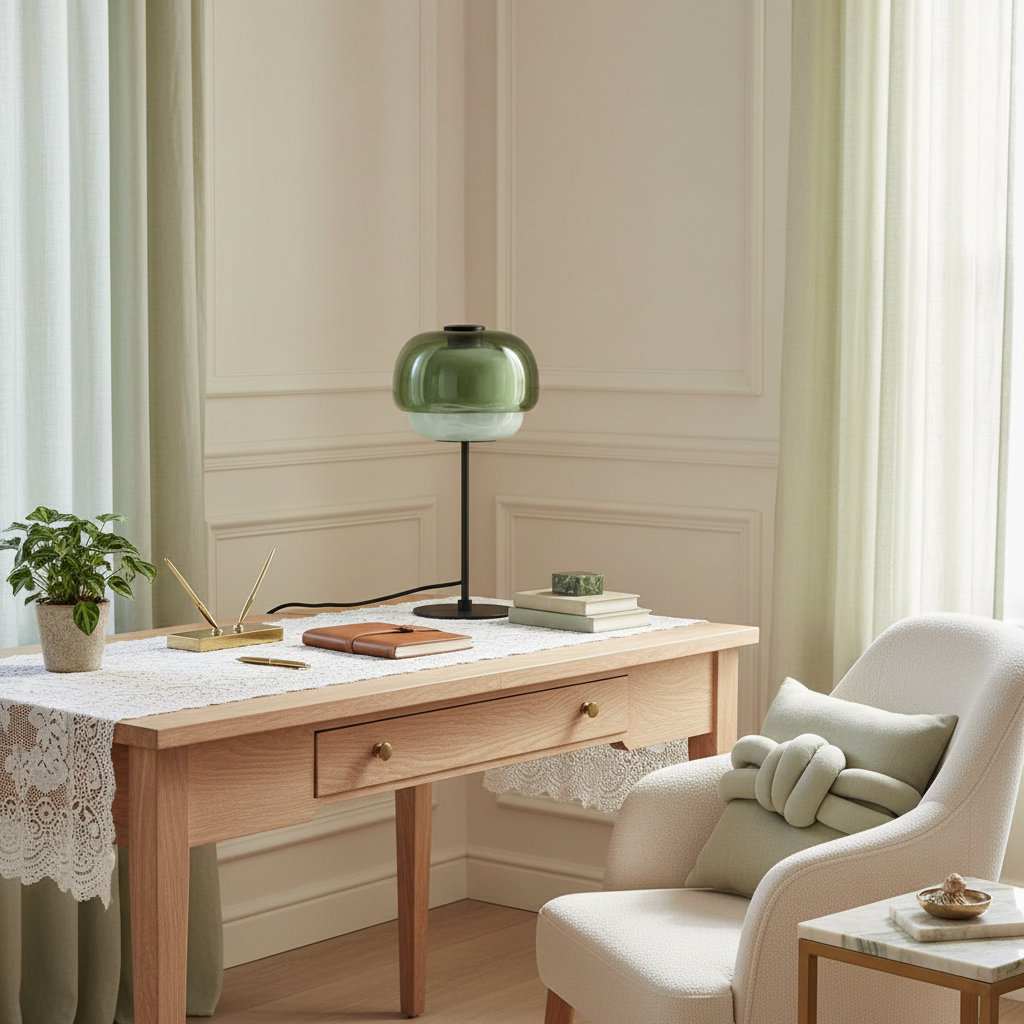 Lámpara de mesa de cristal de color Tinova – verde grisáceo sobre un escritorio