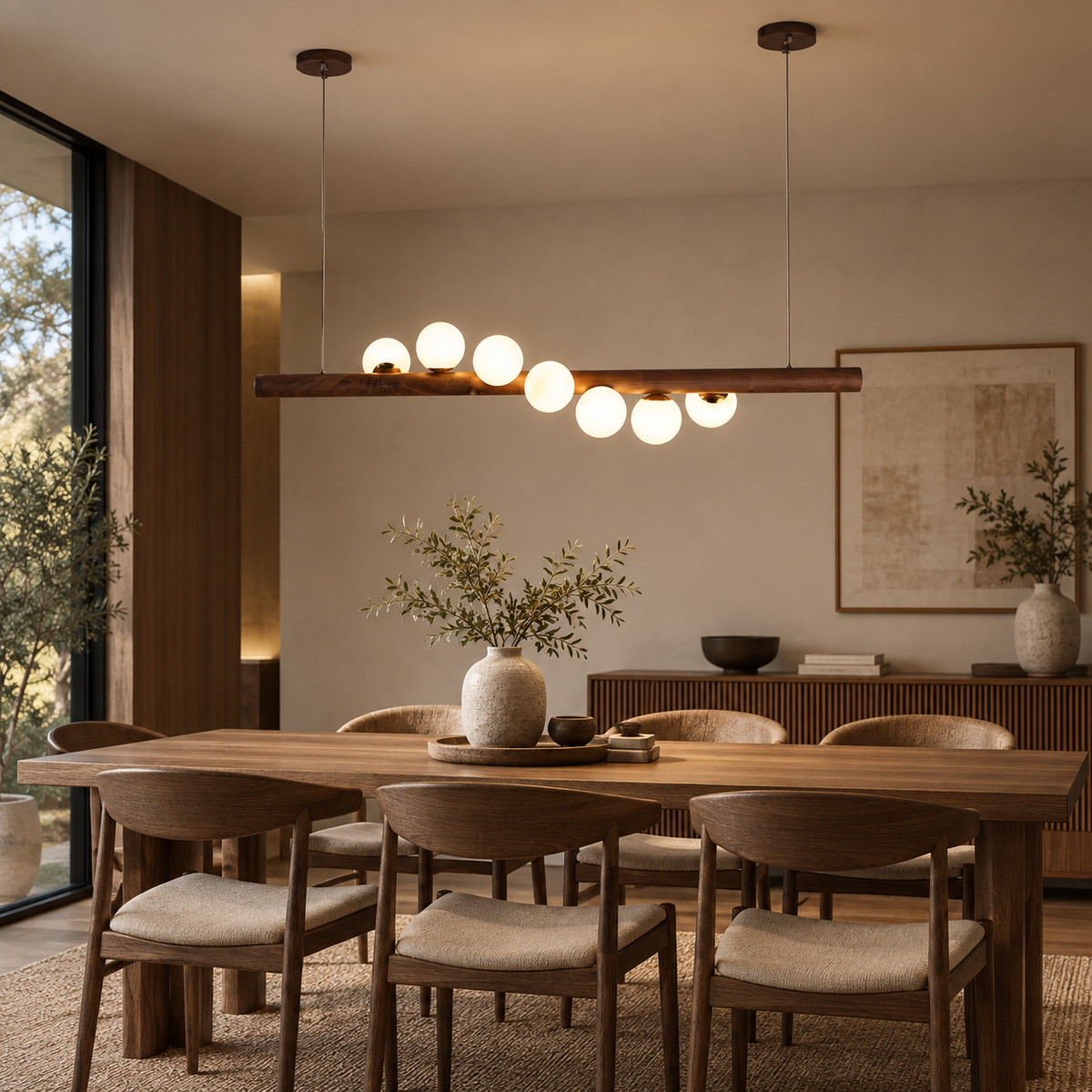 Lámpara colgante lineal de madera Galbana – en madera oscura con 7 luces en un comedor