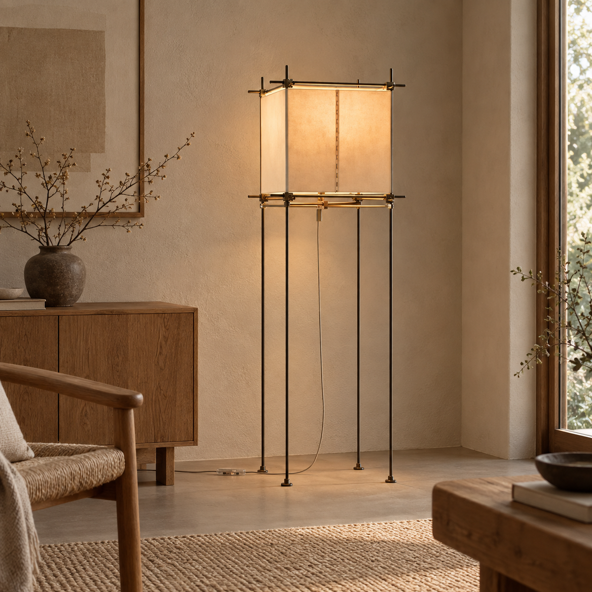 Lámpara de pie de pergamino Pazela en un salón de estilo japandi – imagen 4