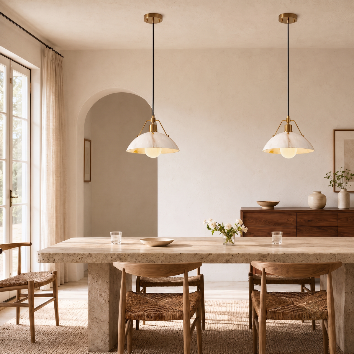 Lámpara colgante efecto alabastro Alabrina – en pareja sobre una mesa de madera
