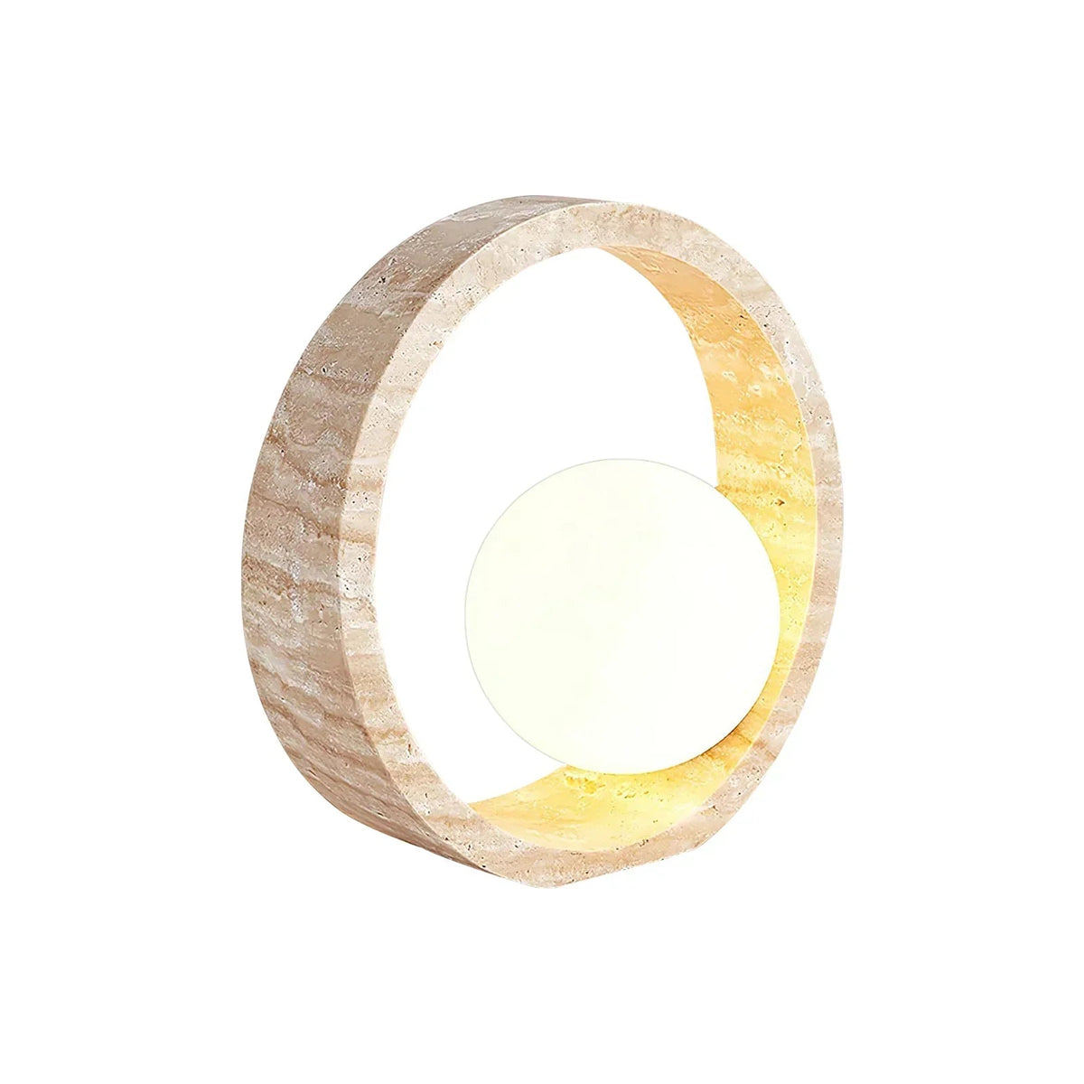 Lámpara de mesa de travertino Anella – vista lateral del anillo encendido