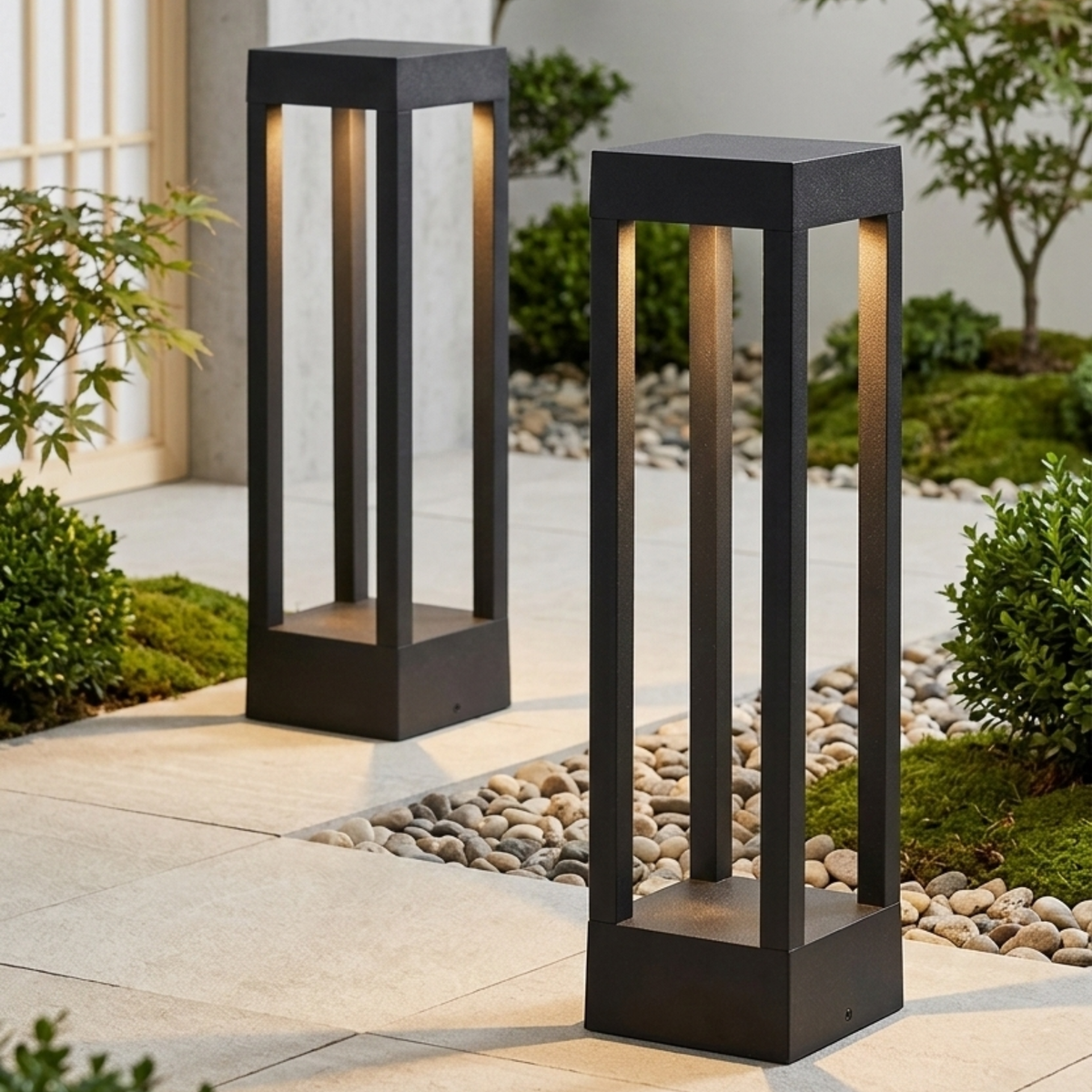 Baliza de jardín LED Jardela – dos alturas junto a un camino de grava