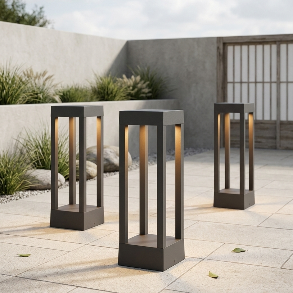 Baliza de jardín LED Jardela – tres balizas en un patio