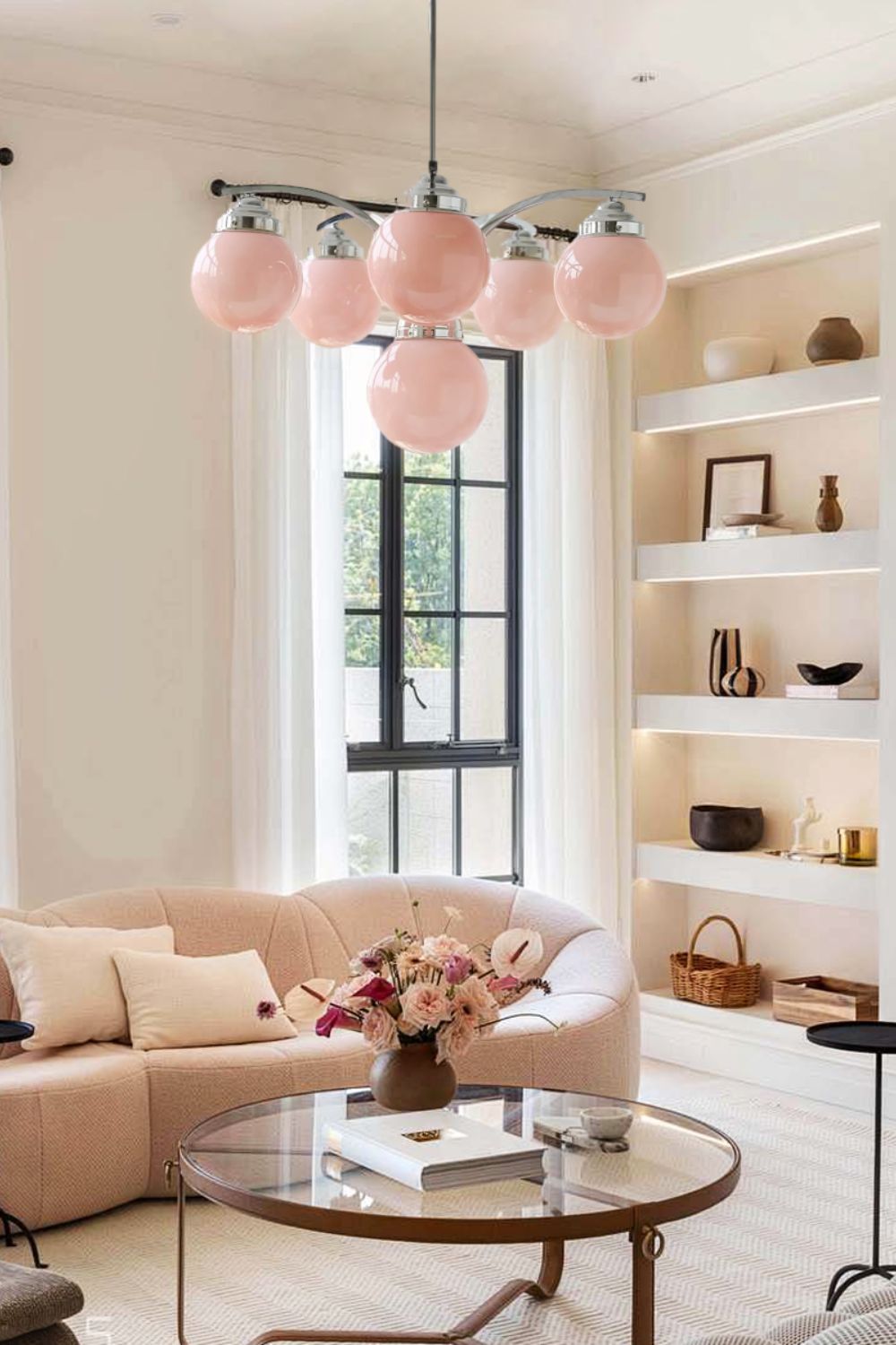 Lámpara de araña art déco Decolia – de 6 luces rosa en un salón