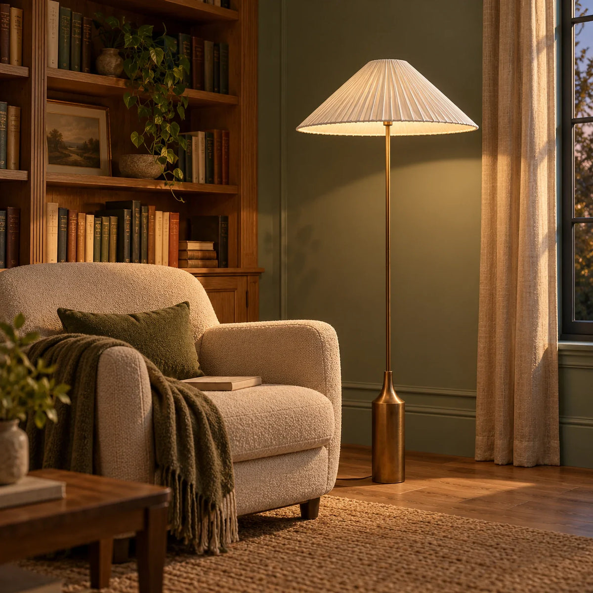 Lámpara de pie con pantalla plisada de lino y base latón Soleira – junto a una librería y un sillón