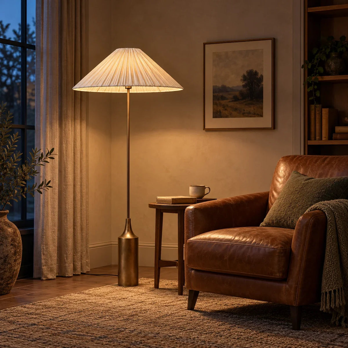 Lámpara de pie con pantalla plisada de lino y base latón Soleira – junto a un sillón de cuero al anochecer
