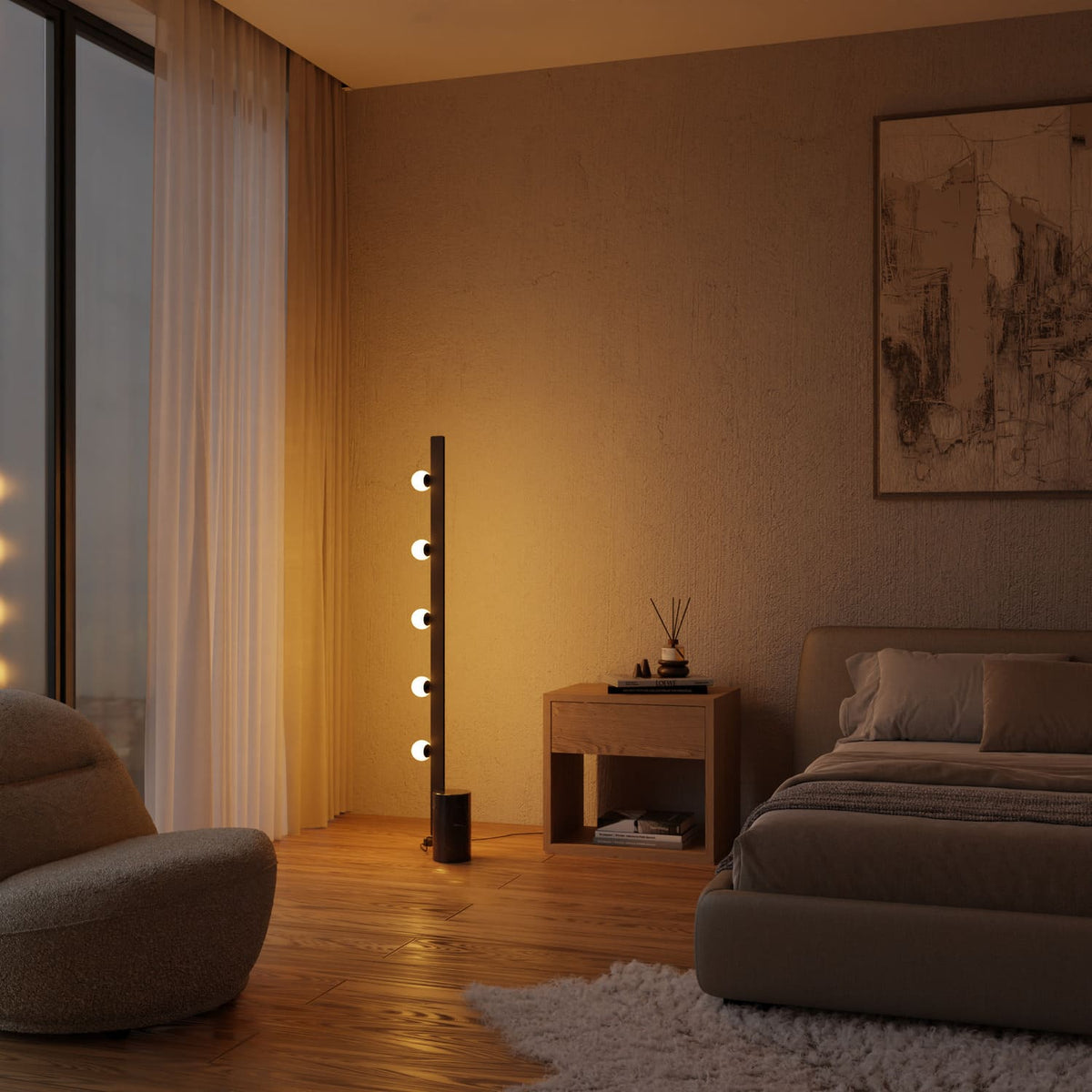 Lámpara de pie LED modular Pemora – con 5 módulos de globo de cristal