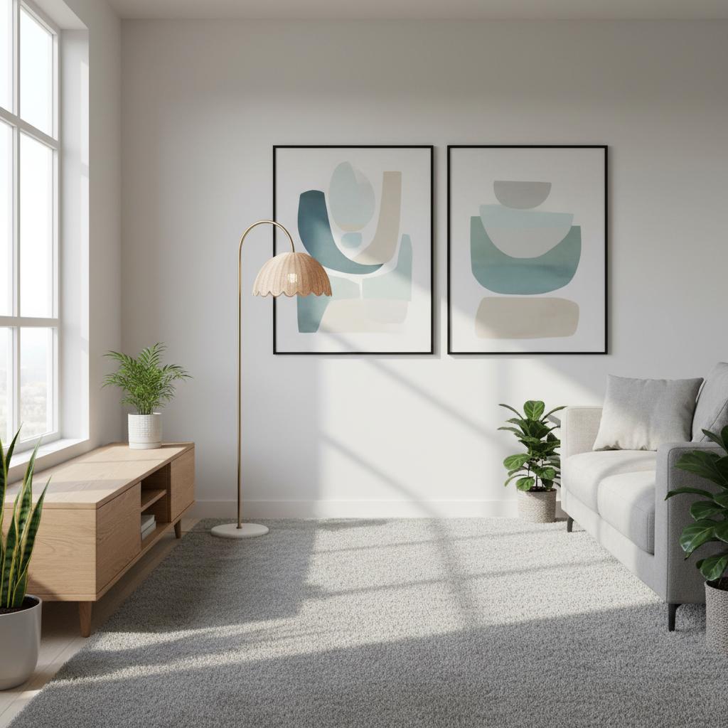 Lámpara de pie de arco con pantalla de ratán Tejida – en un salón luminoso con cuadros
