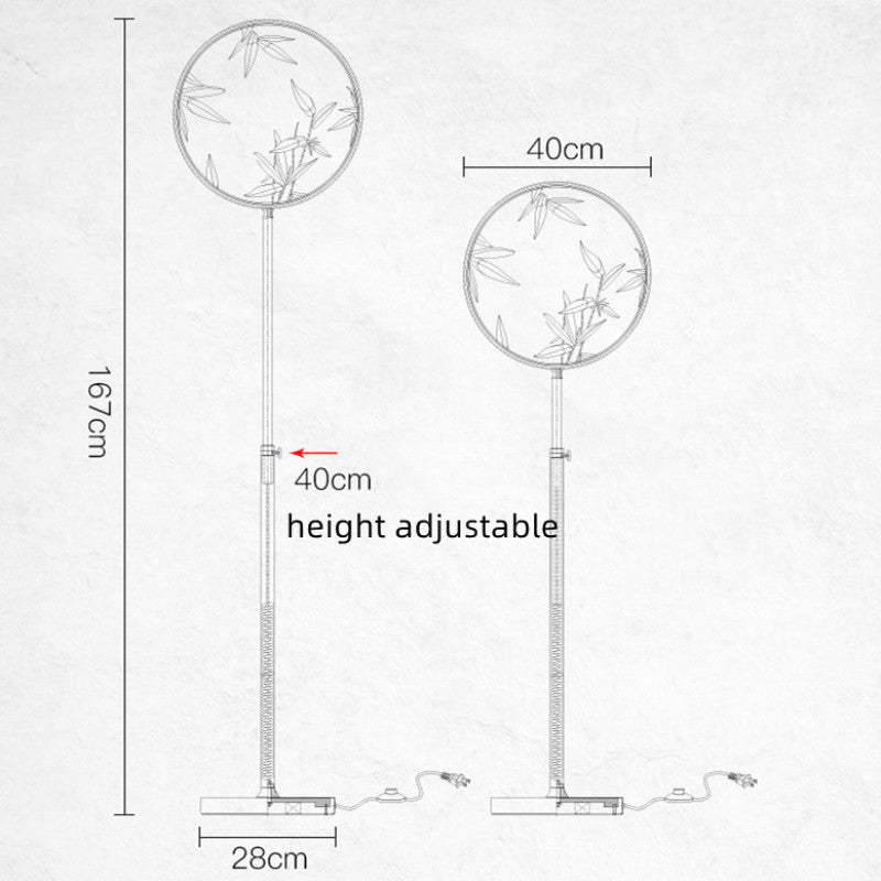 Lámpara de pie con disco de vidrio Zenavi – esquema con medidas de 40 cm de disco y base de 28 cm