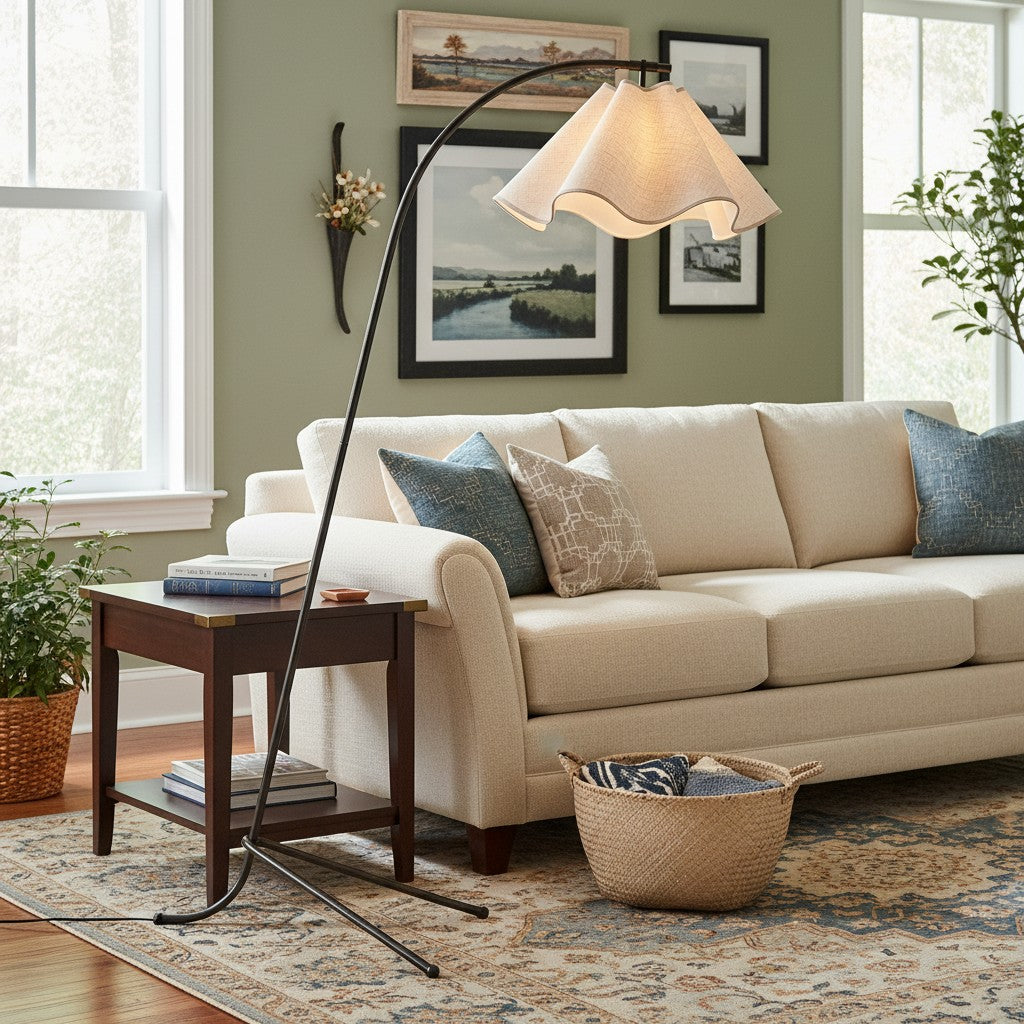 Lámpara de pie arco con pantalla ondulada de tela Flurena junto a un sillón en un rincón de lectura – imagen 12