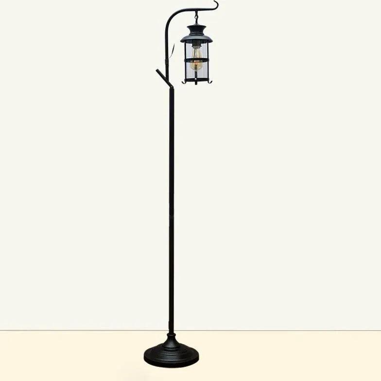 Lámpara de pie estilo farol negra Ormina – negra sin bandeja, sobre fondo claro