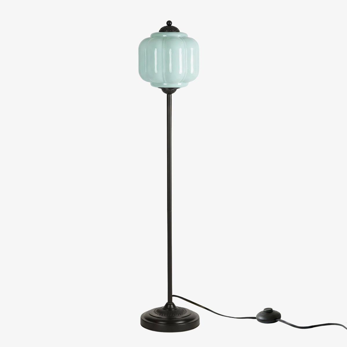 Lámpara de pie retro Tuliana – cristal azul y acabado negro, pantalla de 25 cm