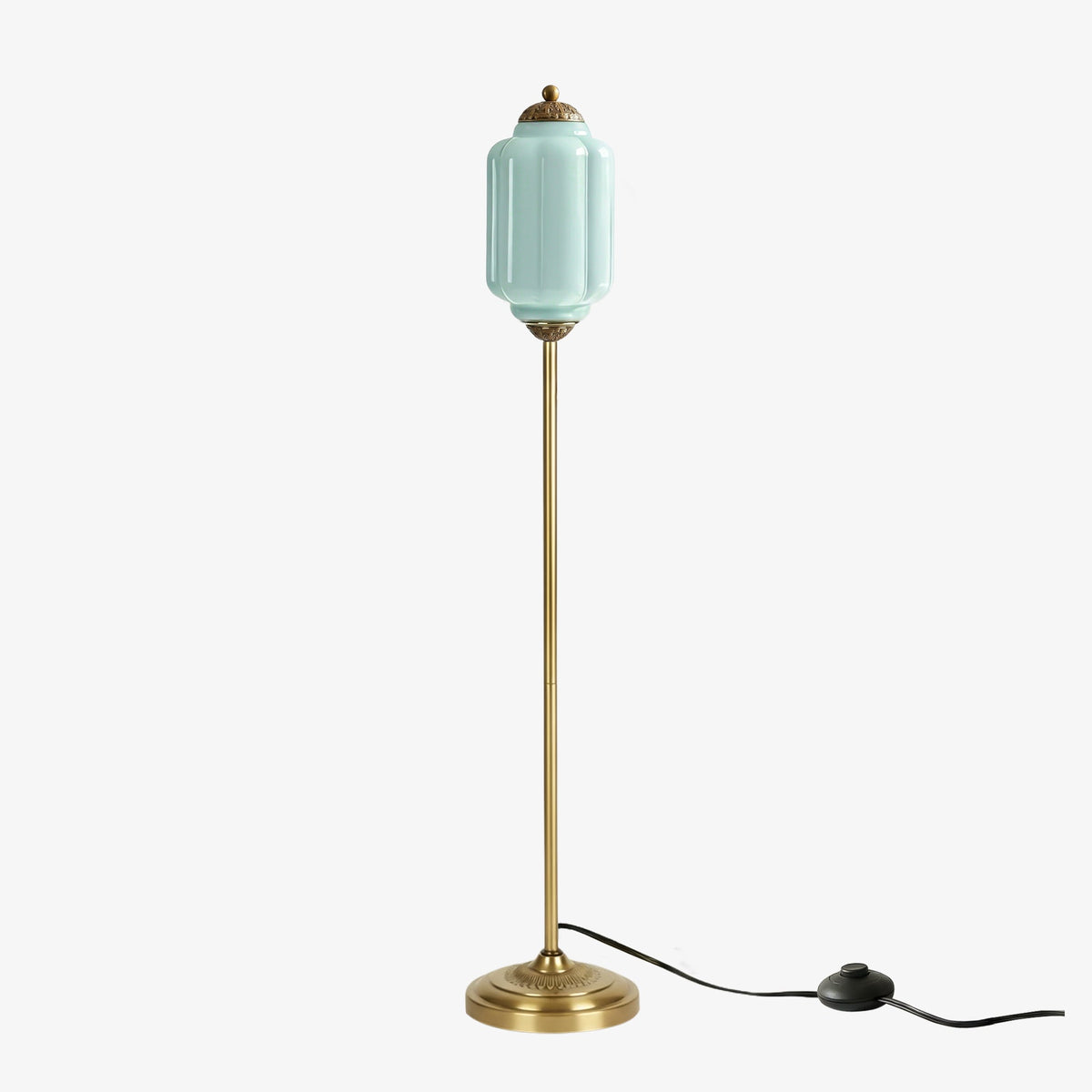 Lámpara de pie retro Tuliana – cristal azul y acabado latón, pantalla de 14 cm