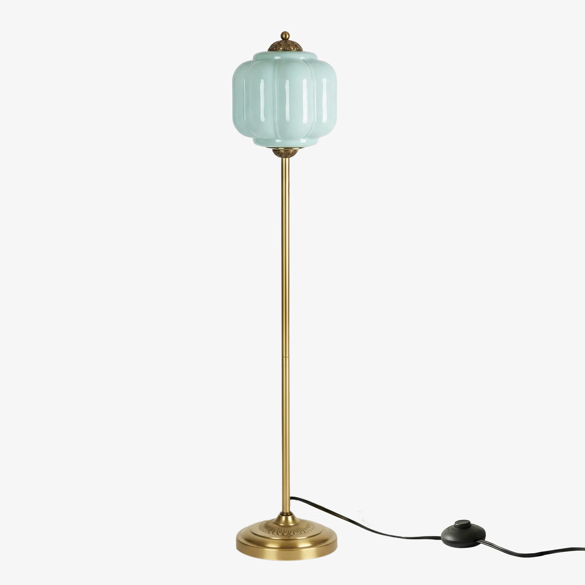 Lámpara de pie retro Tuliana – cristal azul y acabado latón, pantalla de 25 cm