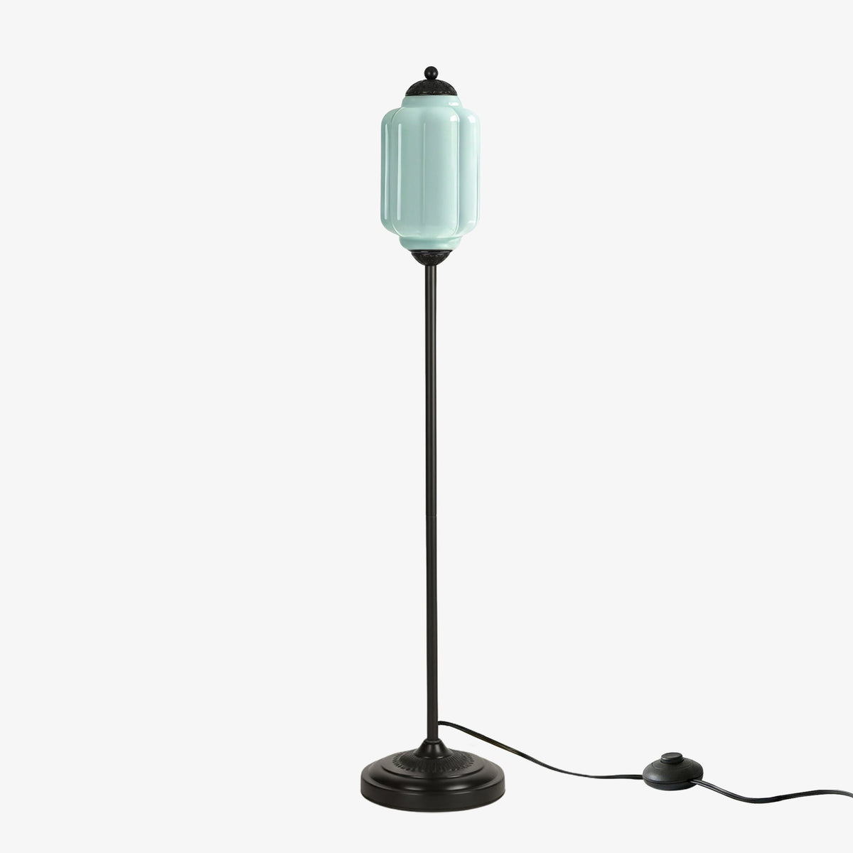 Lámpara de pie retro Tuliana – cristal azul y acabado negro, pantalla de 14 cm