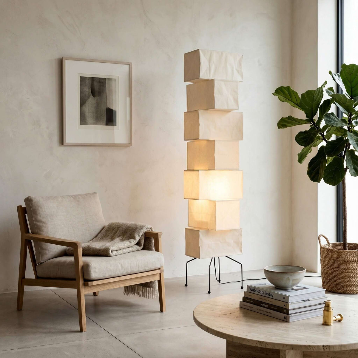 Lámpara de pie de papel de arroz Boriana junto a un sofá del salón – imagen 5