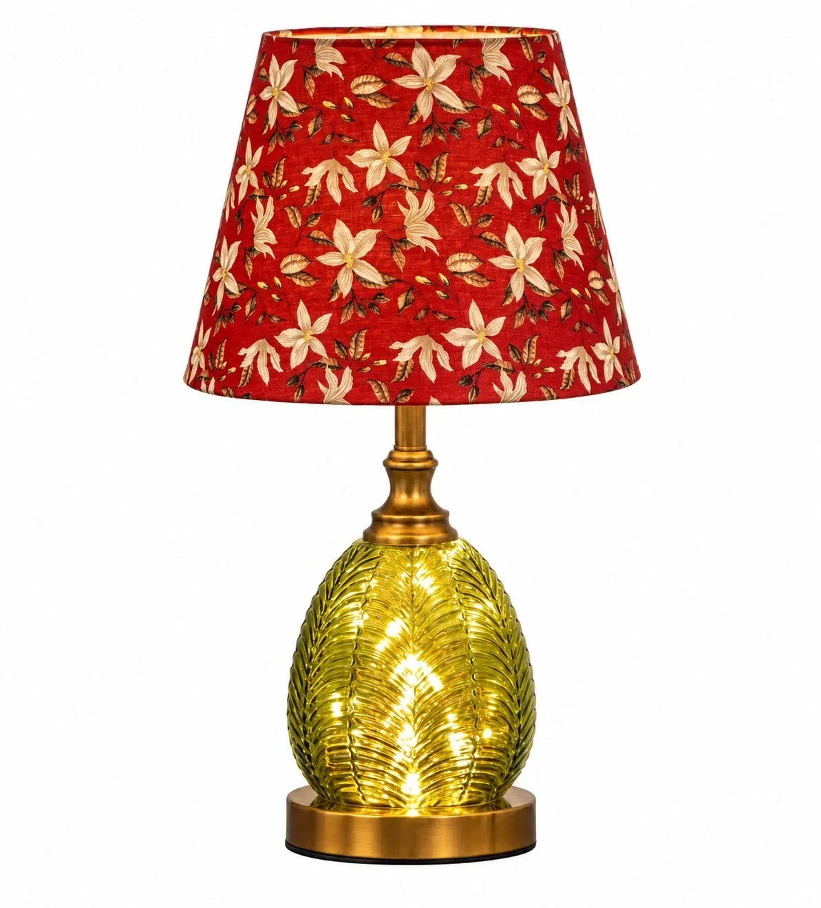 Lámpara de mesita de cristal verde Bosvela – con pantalla orquídea roja