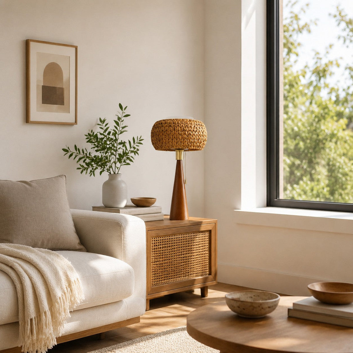 Trenzola - Lámpara de Mesa de Madera con Pantalla de Fibra Natural Trenzada