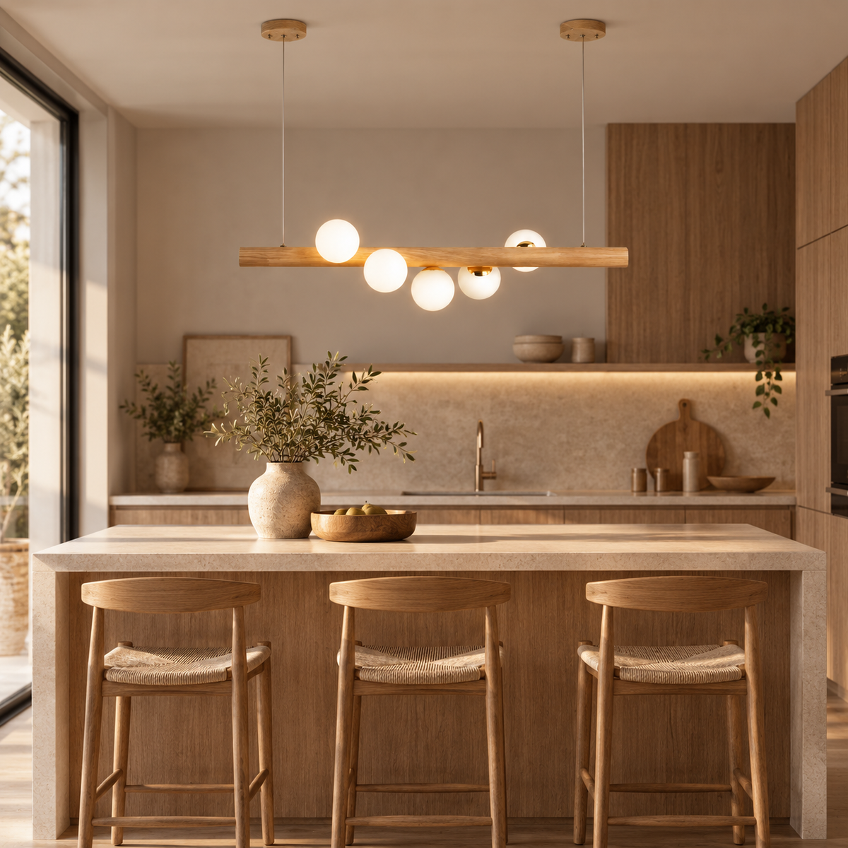 Lámpara colgante lineal de madera Galbana – en madera clara sobre la isla de una cocina luminosa
