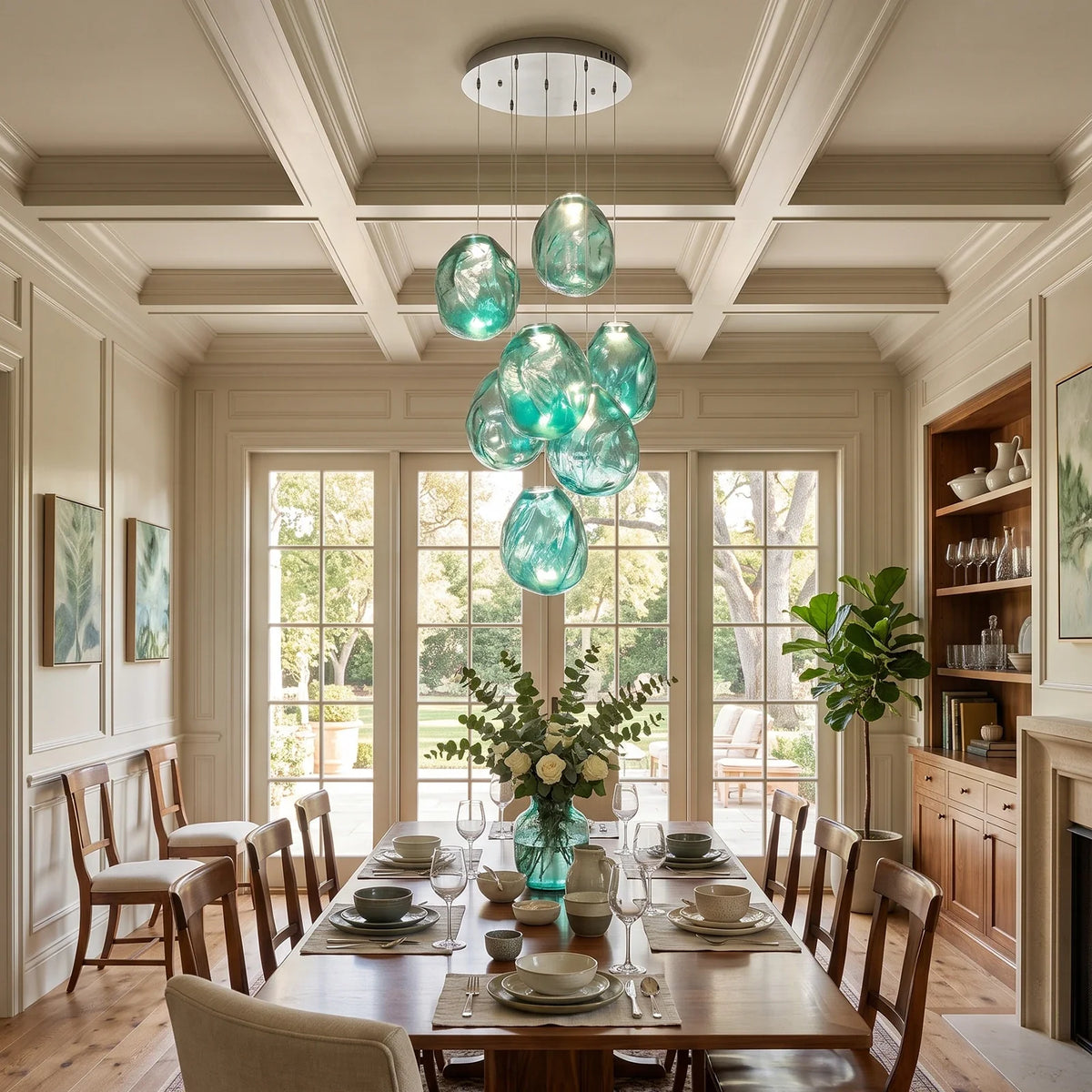 Lámpara de araña de cristal texturizado Guisela – en cascada verde en un comedor con techo artesonado