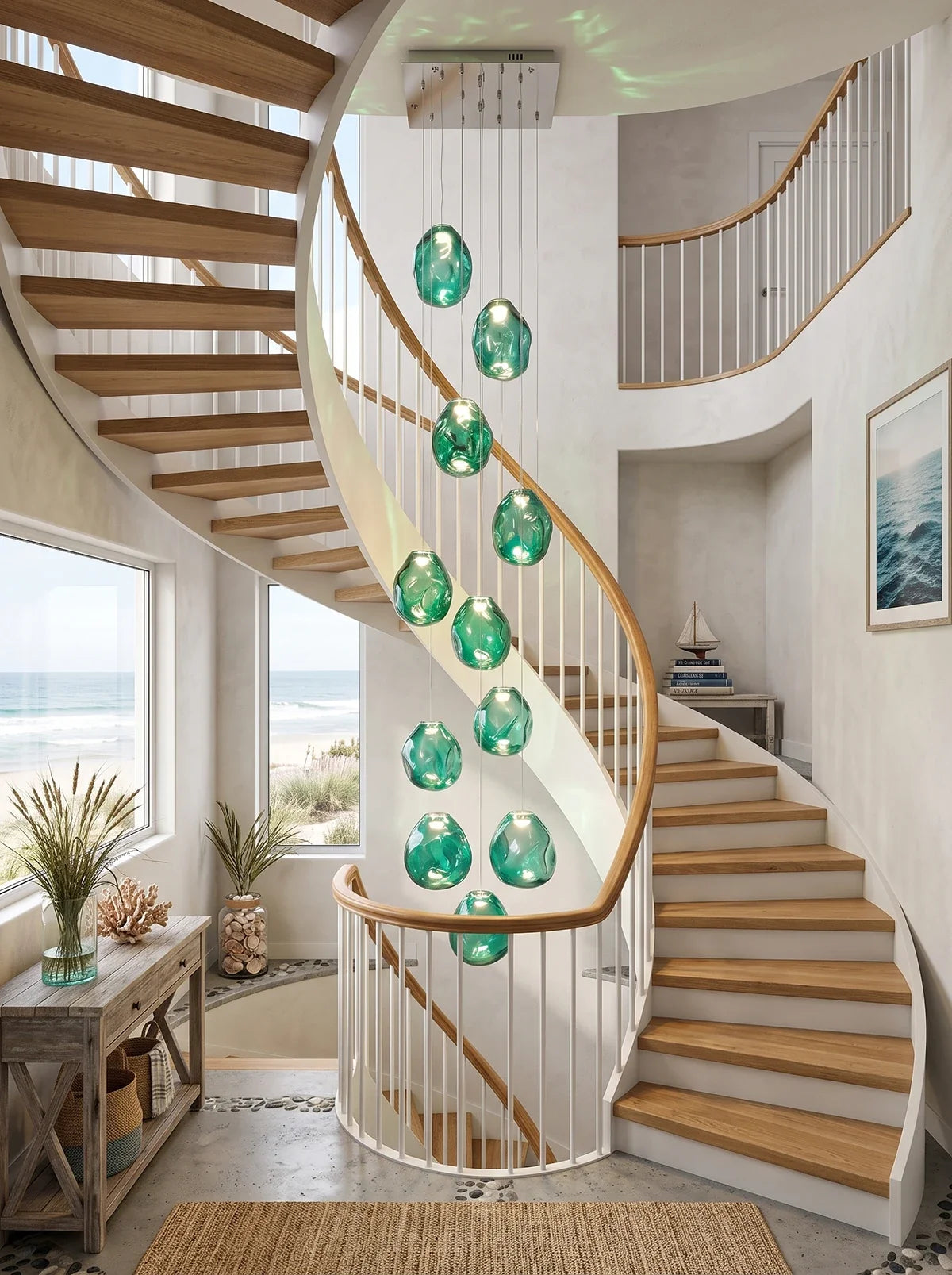 Lámpara de araña de cristal texturizado Guisela – en cascada verde en una escalera de caracol