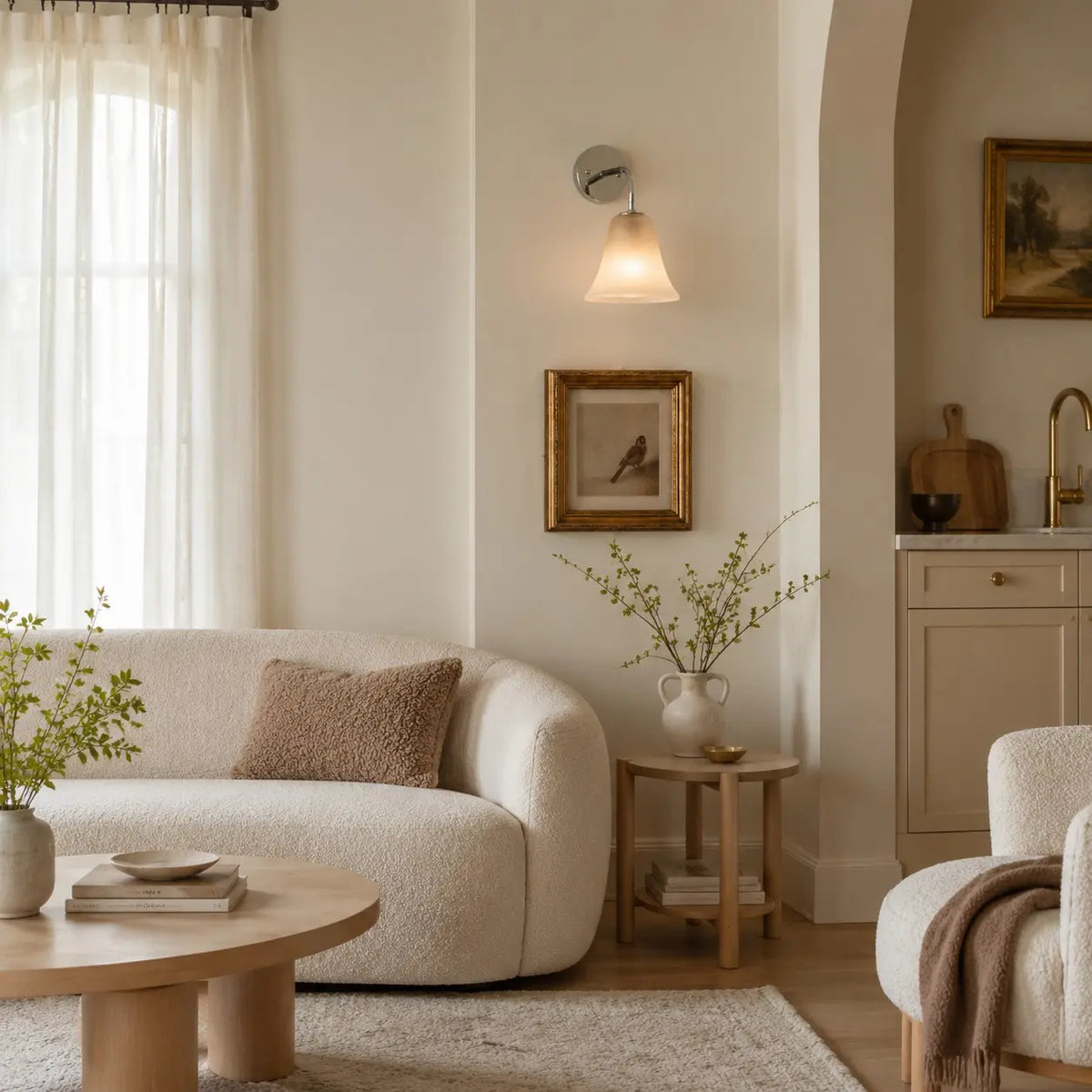 Aplique de pared vintage de cristal Ourela – tono latte encendido en un salón cálido