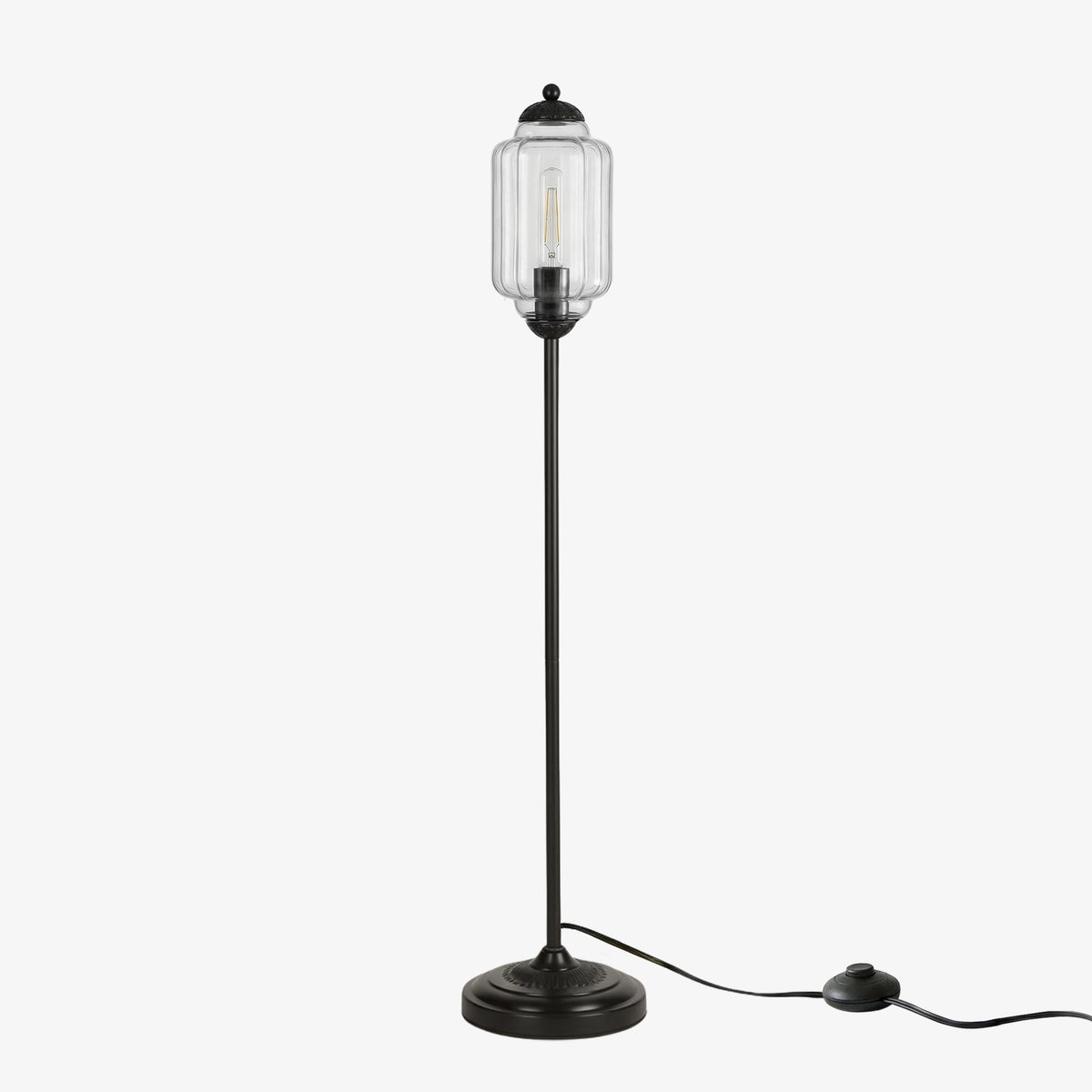 Lámpara de pie retro Tuliana – cristal transparente y acabado negro, pantalla de 14 cm