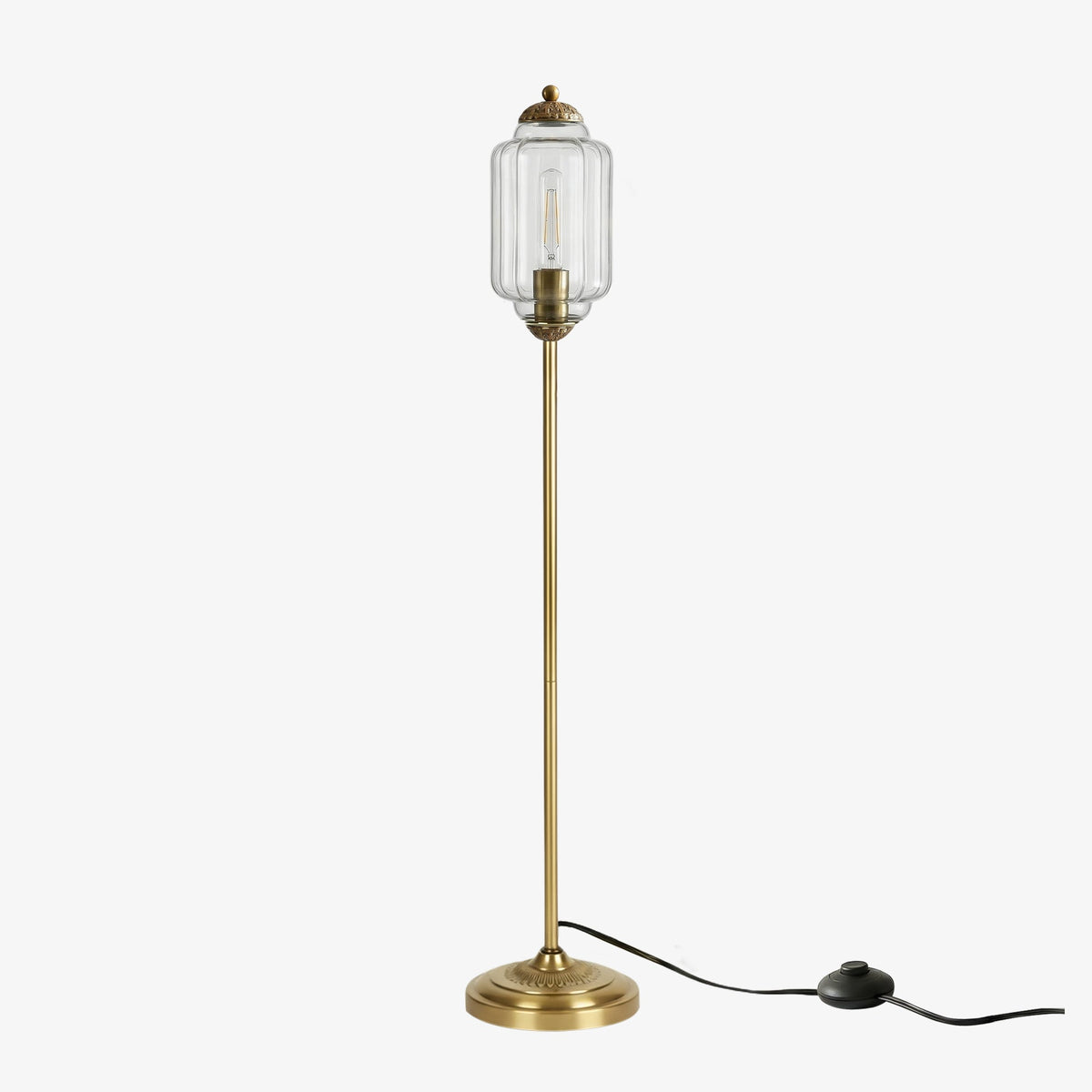 Lámpara de pie retro Tuliana – cristal transparente y acabado latón, pantalla de 14 cm
