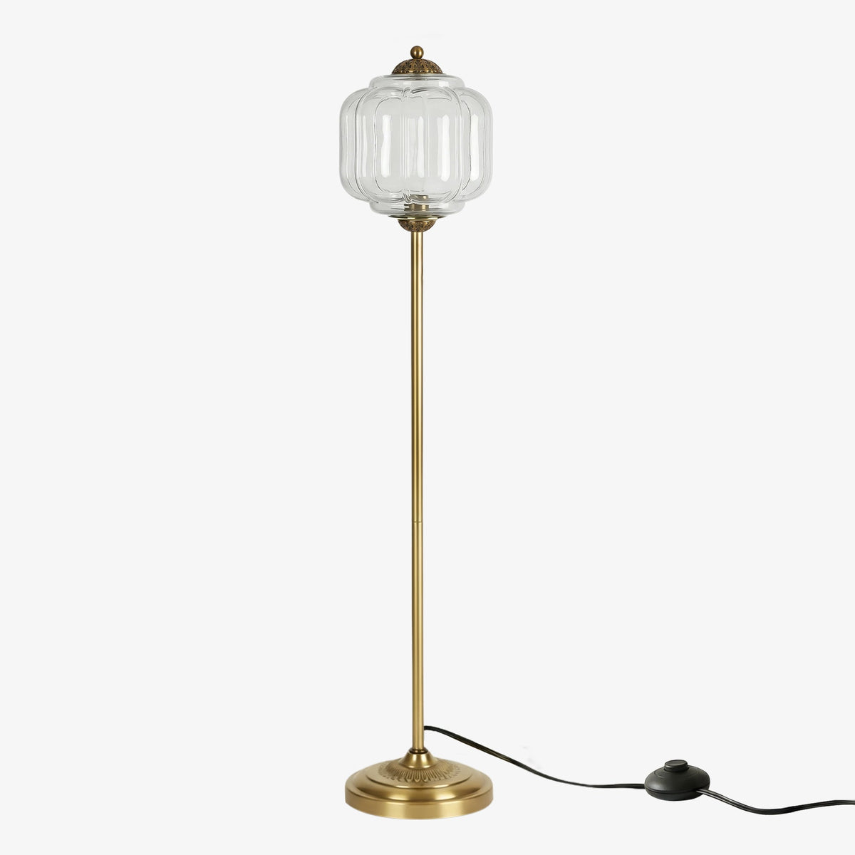 Lámpara de pie retro Tuliana – cristal transparente y acabado latón, pantalla de 25 cm