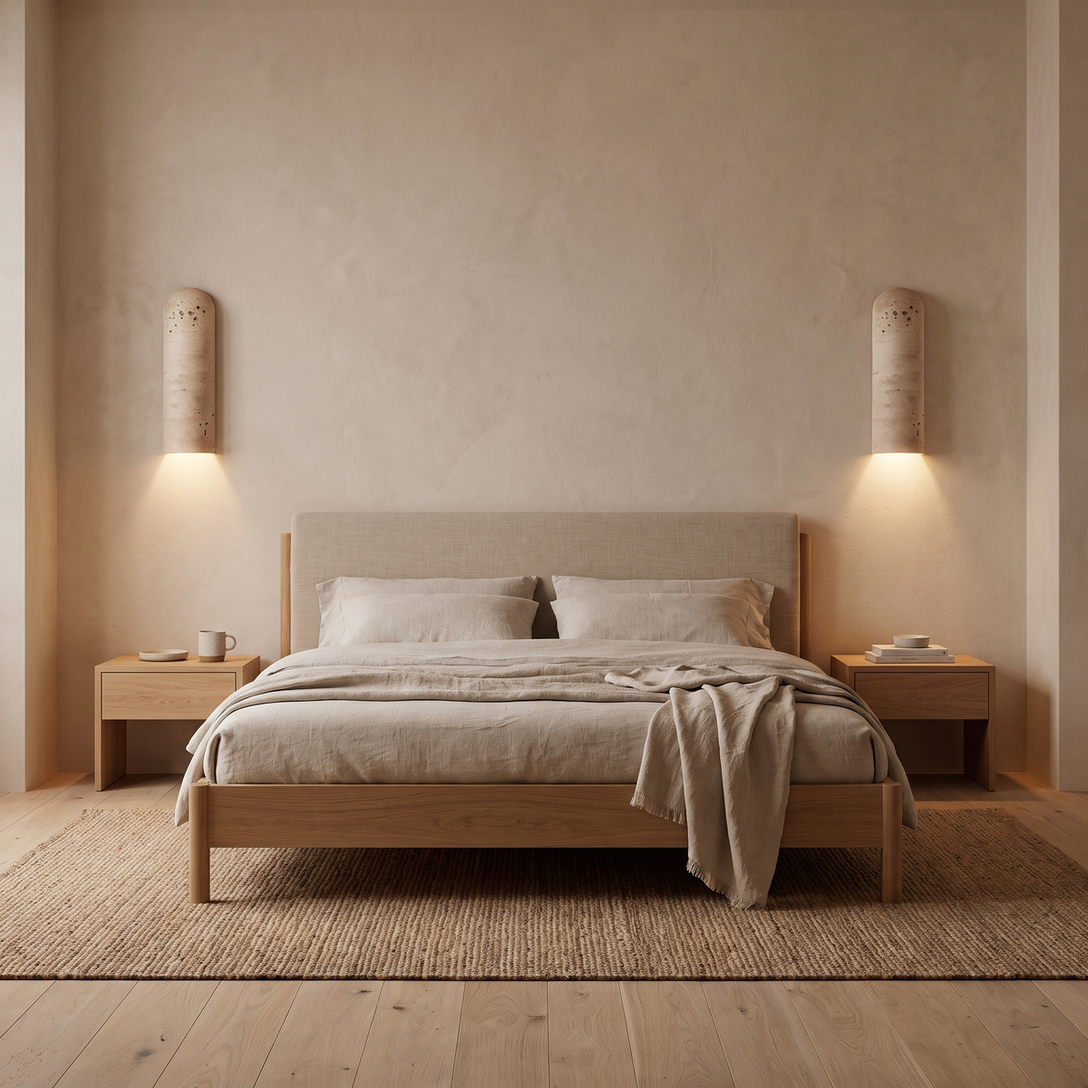 Aplique de pared de travertino Viroca – pareja de apliques con luz hacia abajo junto a la cama