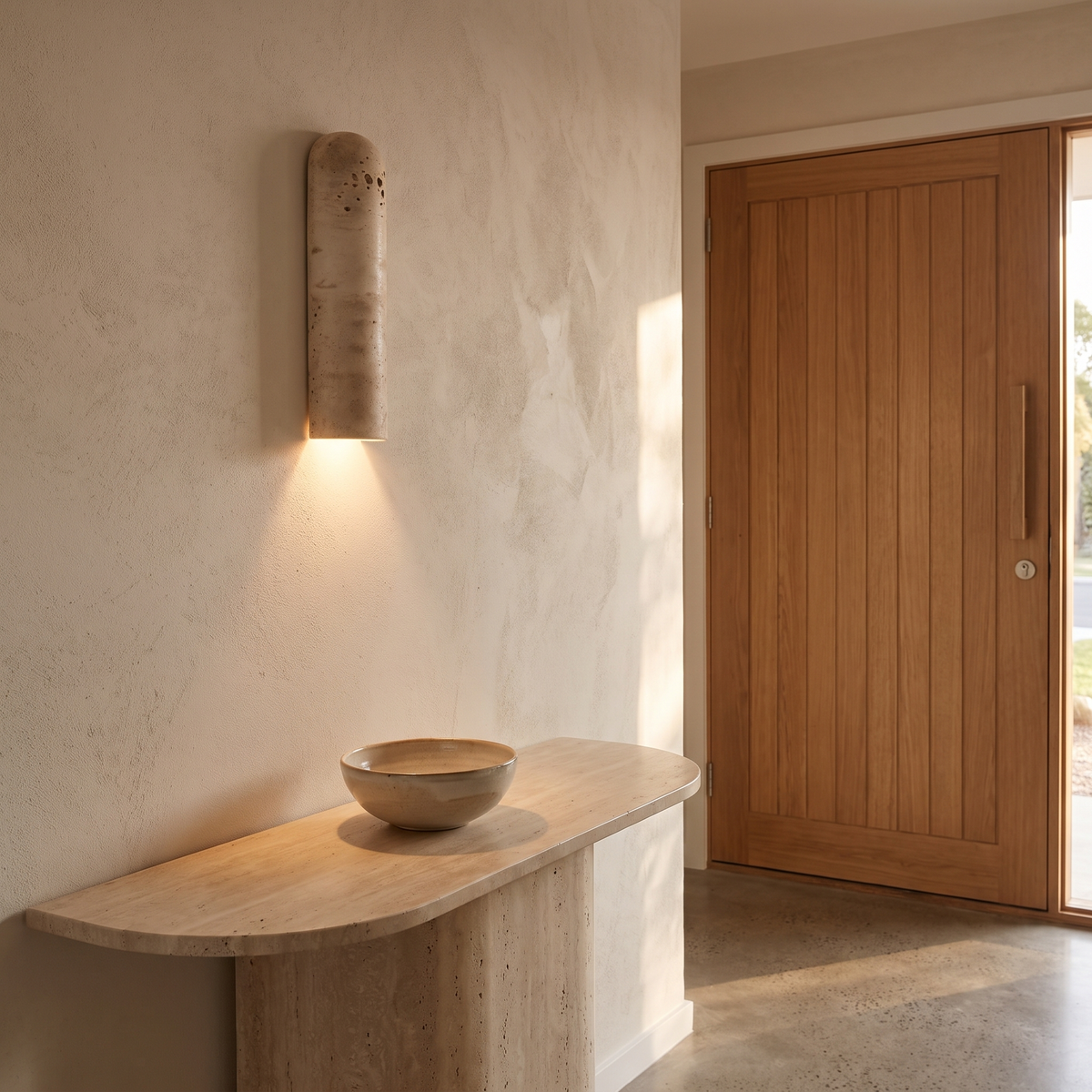 Aplique de pared de travertino Viroca – luz hacia abajo en un recibidor
