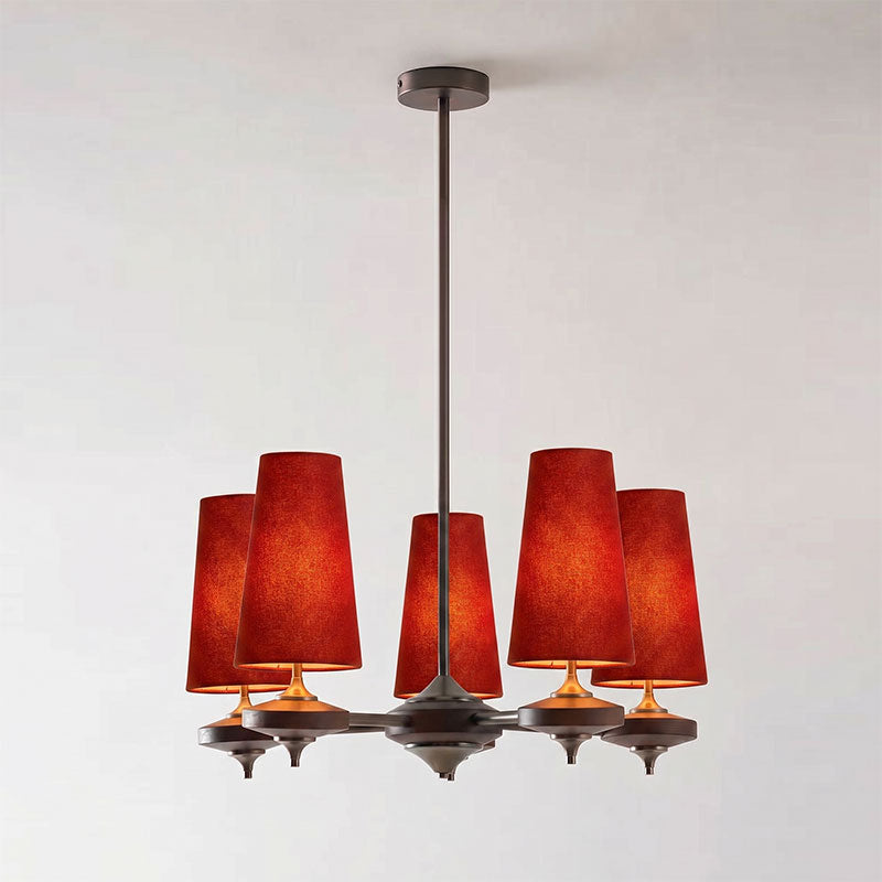 Lámpara de araña con pantallas de terciopelo Cuadrante – 5 luces, terciopelo rojo