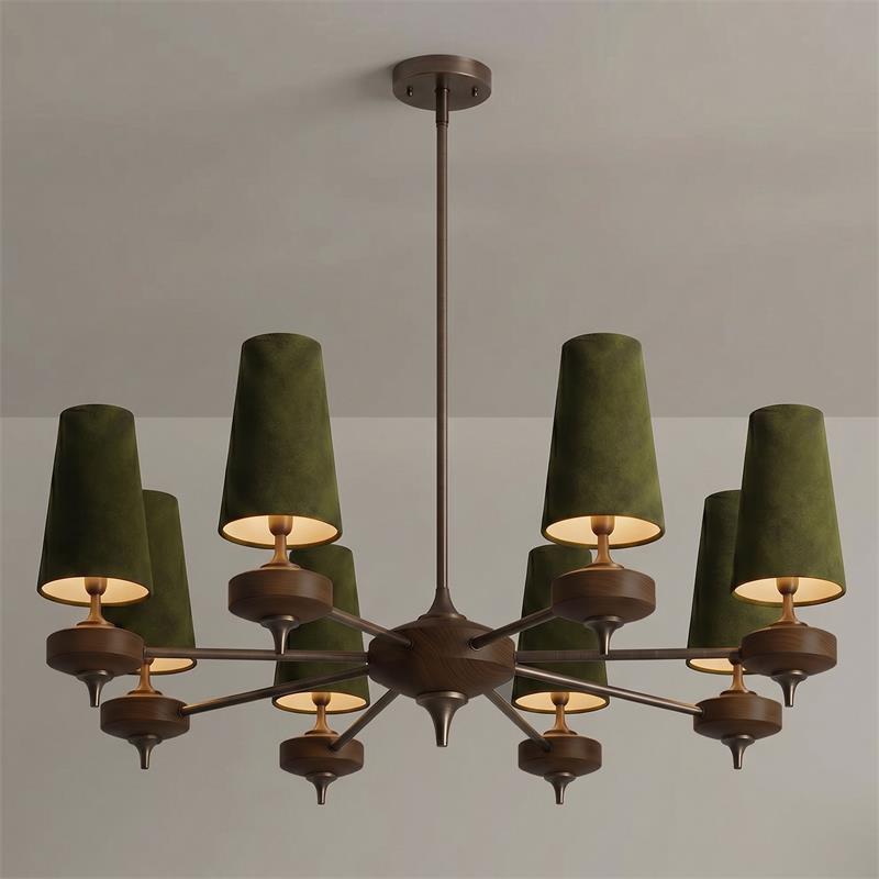 Lámpara de araña con pantallas de terciopelo Cuadrante – 8 luces, terciopelo verde