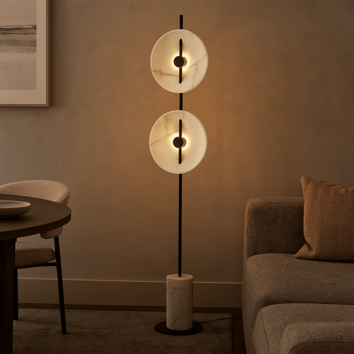 Rialda - Lámpara de Pie LED con Dos Discos de Resina y Base de Mármol