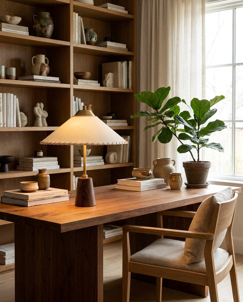 Lámpara de mesa de latón y madera con pantalla cónica Cumbela sobre una mesita de noche – imagen 10
