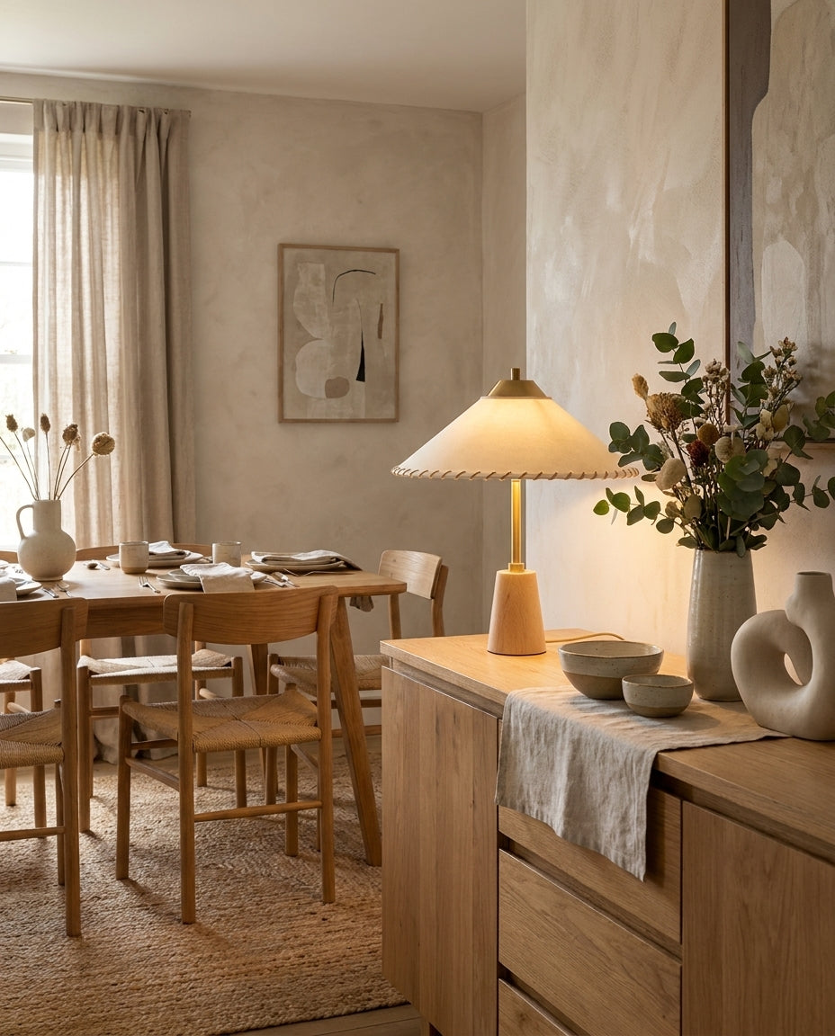 Lámpara de mesa de latón y madera con pantalla cónica Cumbela sobre una mesita de noche – imagen 17